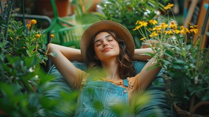 A relaxed Gardener Girl lays on green grass surrounded by gardening tools. Workplace, agriculture, freelance, work home, slow life, mood.