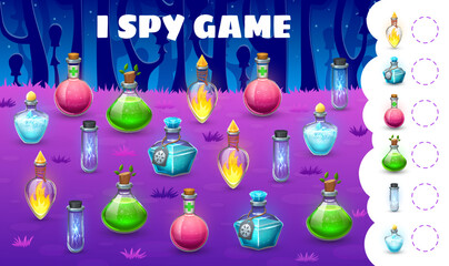 Poster - Halloween kids i spy game with witch magic potion bottles. Vector riddle worksheet with cartoon colorful brews in glass flasks. Count how many children test, education task for baby mind development