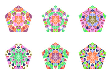 Poster - Isolated tiled ornament pentagon symbol template set - abstract geometrical colorful ornamental polygonal vector graphics from mosaic triangles