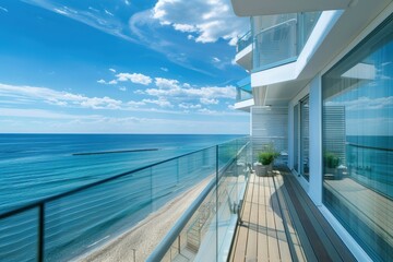 A modern balcony with sleek glass railings offering an expansive view of the ocean. The bright, blue sky and calming waves make this an ideal place for relaxation.