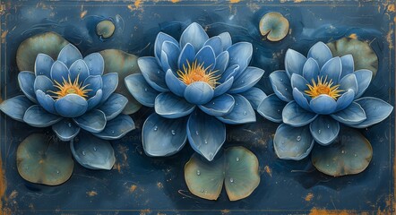 Canvas Print - Art Print of Painted Water Lilies with Blue Background