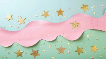 A smooth pink and green gradient paper designed for a birthday celebration, accented with gold foil stars, displayed against a pastel blue background with dedicated copy space.