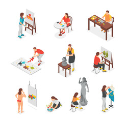 Poster - Isometric creative people. Men women drawing painting make sculptures and play construction kit. Flower planting hobby, flawless vector bundle