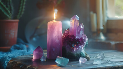 Magic still life with quartz crystal and pink candle. Magic rocks for mystic ritual