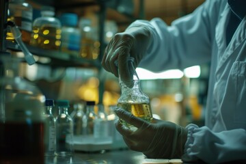 Poster - Scientist is holding a flask containing a chemical substance while working in a laboratory