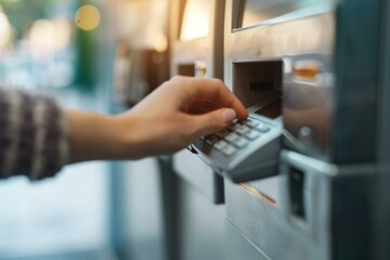 Poster - Close up of a woman's hand withdrawing money from an atm in the city