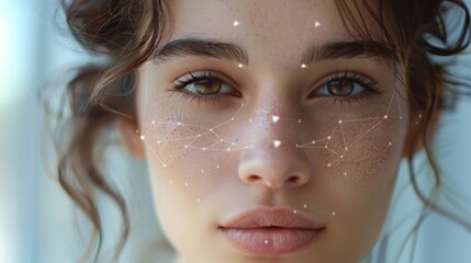 Poster - A close-up shot of a woman's face with a geometric pattern overlayed on her skin. The pattern consists of interconnected lines and dots, resembling a constellation.