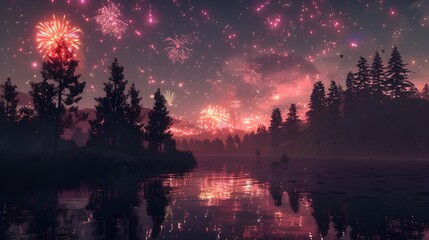 Wall Mural - Fireworks Reflecting Off River at Fourth of July in Minimalist Digital 3D Render