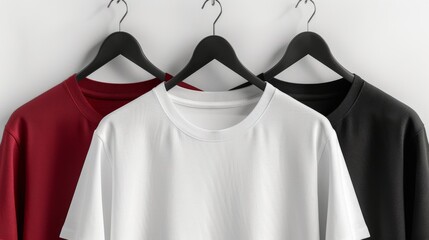 Sticker - 3 smooth beautiful neat T-shirts without folds, the T-shirts hang airily on the hangers, on a white background