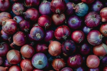 Sticker - Scattering of red onions showing their thin papery skin and roots forming a background of food