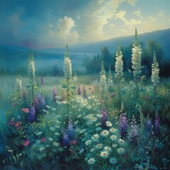 Wall Mural - Flower Field Landscape with Meadow and Mountains, Sunset