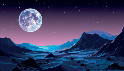 Canvas Print - Fantasy space landscape. Dark universe. Alien Planet. Surreal detailed moon. Futuristic view in outer space, blue rocks. Vector background