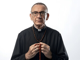 An elderly priest on a white background