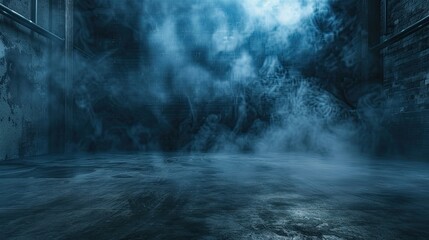 Poster - Abstract studio room with smoke floating from asphalt floor, dark blue street under thunderstorm