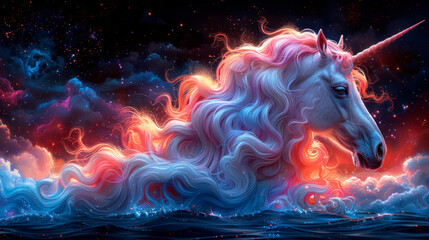 Canvas Print - Vivid glowing unicorn on black background