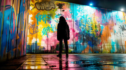 Canvas Print - Silhouette of a person standing in front of a vibrant graffiti wall at night with reflection on wet ground