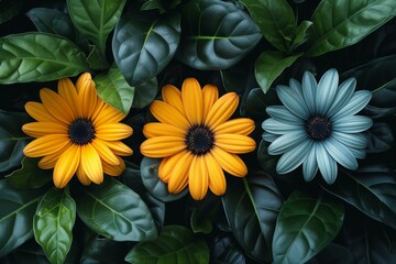 Wall Mural - Vibrant Yellow and Blue Daisies Amid Green Leaves