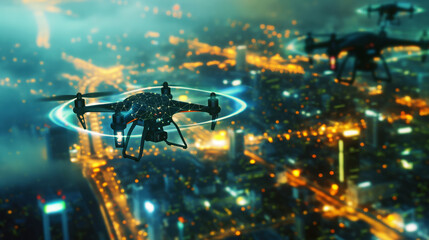 Canvas Print - Drones flying over a brightly lit cityscape at night with digital enhancements