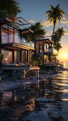 Sticker - a house by the water with palm trees and a sunset.