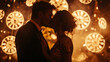 © LiezDesign - First Kiss of the Year, Silhouette of a couple sharing a romantic kiss as the clock strikes midnight, illuminated by fireworks in the background.