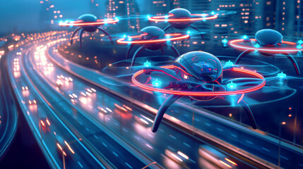 Canvas Print - Futuristic drones flying over illuminated city highways at night.