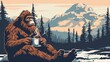 © Gia - A peaceful Bigfoot sitting in a mountainous forest, holding a steaming cup of coffee, capturing a calm and relaxed moment in nature.