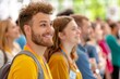 © AucArtStudio - smiling young man in a crowd of people at a conference or event.