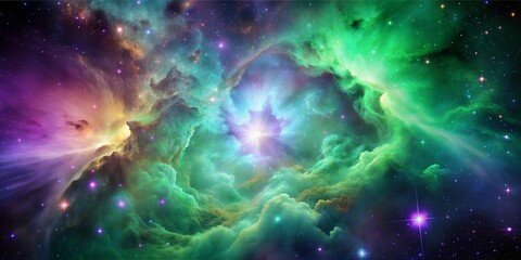 Wall Mural - green nebula in space with bright stars
