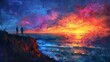 © Mhee Offset - An impressionist painting of a campsite on a cliff overlooking the ocean, with waves crashing below and the sky painted in sunset hues. The campers are silhouetted against the colorful sky. Created