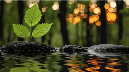 Wall Mural - Small green plant grows from rock in pond, with blurred foliage and sunlight, peaceful zen buddhism influenced atmosphere