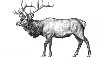 a highly detailed black and white illustration of a majestic stag standing tall with large antlers, 