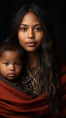 a woman and a child are posing for a photo with a woman wearing a headdress.