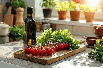 Virgin olive oil bottle with salad ingredients in modern kitchen, banner.