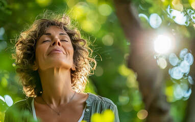 a middle-aged woman wearing a green tank top breathe fresh air among the green trees.