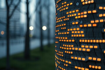 Close-up of a genetically engineered tree trunk with glowing patterns, integrated sensors, and a small access panel for maintenance in a modern cityscape