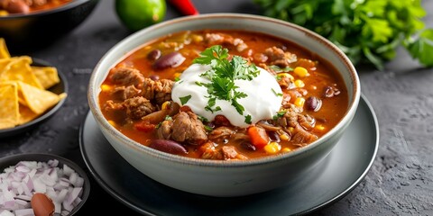 Wall Mural - Pinto bean toppings elevate Mexican beef taco soup presentation in enticing photo. Concept Food Styling, Mexican Cuisine, Photography, Creative Presentation, Culinary Art