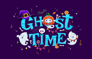 Wall Mural - Halloween ghost time banner with cute funny kawaii ghost characters, cartoon vector background. Halloween holiday horror night and trick or treat party banner with cute boo ghosts, pumpkin and skull