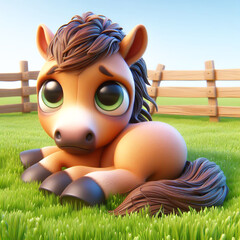 Wall Mural - 3D funny horse cartoon in the field. Agriculture and farm animals