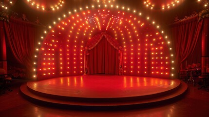 Empty round stage illuminated by spotlights with closed red curtains, waiting for the beginning of a performance in a vintage cabaret