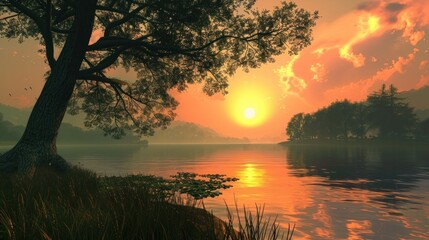 Wall Mural - As the sun sets over the lake, take in its beauty and allow your worries to fade.