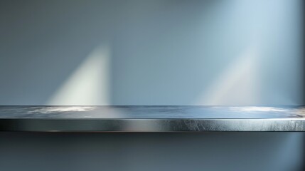 Sticker - A silver steel countertop with an empty shelf on a gray background with a spot light is in the foreground of a gray background with a bar desk surface on top of it.