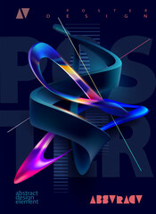 Fototapete - Fluid 3D geometric shape for poster design. Black abstract form and colorful lines in glass morphism style. Vector template design.