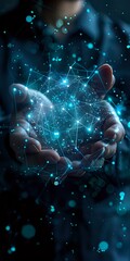 Poster - futuristic representation of a person holding a digital network of interconnected nodes and lines, s