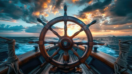 A wooden steering wheel is shown in the middle of the ocean. The sky is cloudy and the sun is setting