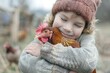 © At My Hat - A young girl is holding a chicken in her arms. The chicken is brown and has a red beak. The girl is wearing a brown hat and a gray sweater. The scene is peaceful and heartwarming