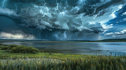 Wall Mural - A stormy sky with a large cloud in the middle. The sky is dark and the clouds are heavy. Scene is ominous and foreboding