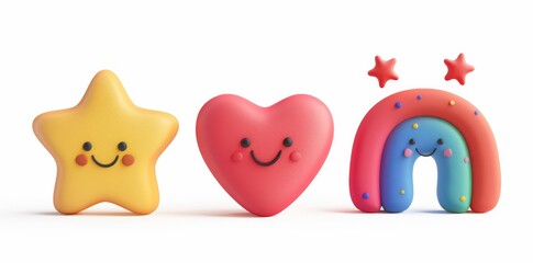 Poster - A set of groovy colorful stickers. Stars, hearts, smiles, clouds, rainbows. Inflatable elements with plasticine effect. Illustration in 3D.