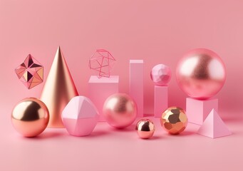 Poster - Set of 3D render realistic primitives on a pink background. Isolated graphic elements. Spheres, tubes, cones and other geometric shapes in gold metallic and white colors.