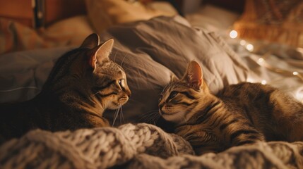 Domestic cats interacting on a bed, cozy bedroom with warm ambient lighting, playful and heartwarming atmosphere