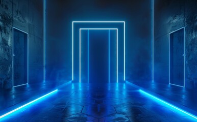 Poster - The rendering features a blue neon abstract background, ultraviolet light, a night club's empty interior, a tunnel or corridor, glowing panels, a fashion podium and performance stage decorations.